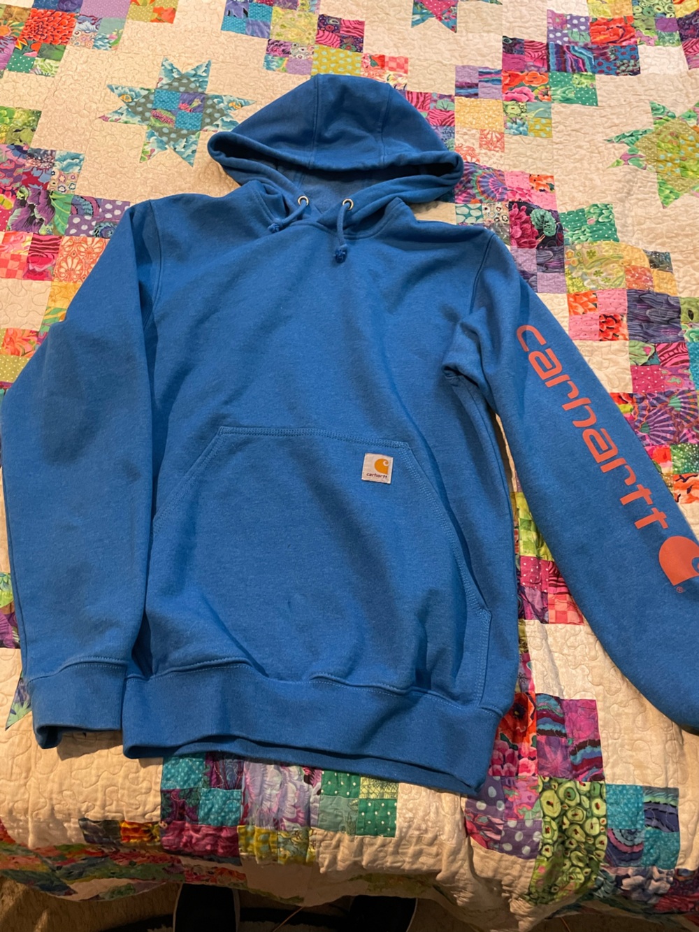 Carhartt Blue Pullover Hoodie with Orange Sleeve Logo